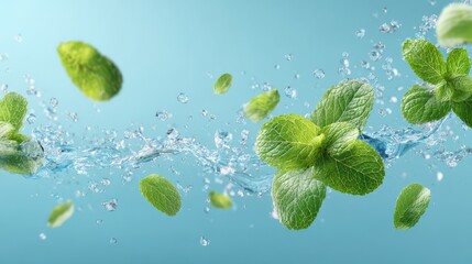 Fresh mint leaves swirling in cool water splashes on a bright blue background
