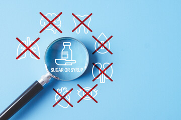 The dangers of high sugar consumption and the risk of diabetes. A magnifying glass on a syrup...