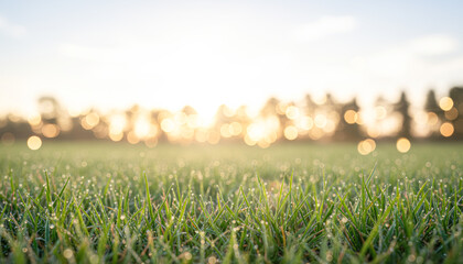 A close-up view of dewy grass blades glistening in the morning light, with a soft focus on a blurred background of trees.