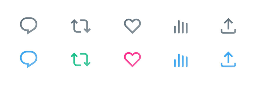 like icon, reply, retweet, view, share icon signs - social media notification like comment, share icons. social network post reactions collection set. vector illustration