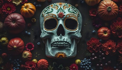 Colorful sugar skull surrounded by vibrant flowers and assorted fruits during Day of the Dead celebration Generative AI