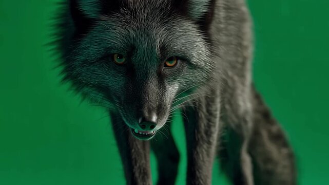 Close up of a silver fox with green eyes and black fur against a green background studio shot green screen video