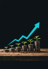 Money Growth Stacked Coins With Small Plants and Blue Upward Arrow Graph