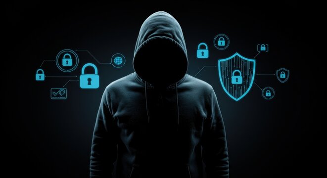 Mysterious Hacker in Hooded Sweatshirt Surrounded by Digital Security Icons and Locks in Dark Room - Powered by Adobe