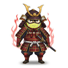 Mythical green frog warrior character in full red Japanese samurai armor, holding a katana sword and surrounded by a fiery aura