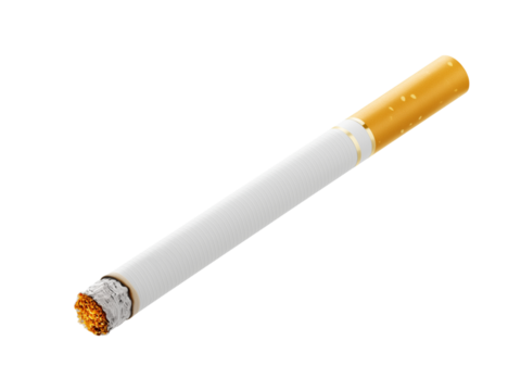 Single lit cigarette with white paper and gold filter isolated on a transparent background