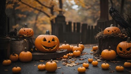 Colorful pumpkins decorate a scene in a forest, showcasing Halloween spirit during a calm autumn evening with vibrant leaves surrounding them Generative AI