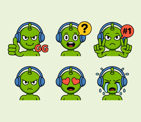 Obraz premium Cartoon green alien characters with headphones expressing various emotions and reactions in a set of six illustrations.
