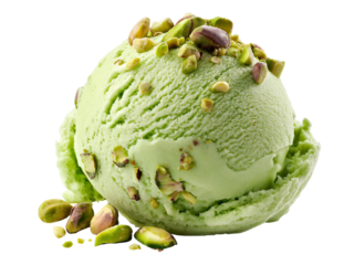 Pistachio ice cream scoop with nuts isolated on a transparent background