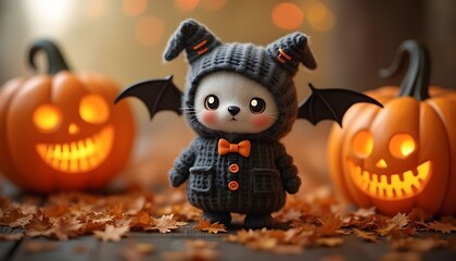 Cute bat-inspired toy stands surrounded by Halloween pumpkins and autumn leaves in a cozy, festive setting Generative AI