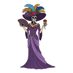 Fototapeta premium Illustration of a female skeleton wearing a purple dress and hat adorned with feathers and flowers, holding a fan and rose against a white background with a festive and cultural vibe.