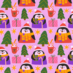 Fototapeta premium Christmas Penguins Seamless Pattern