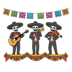 Three skeleton mariachi musicians playing guitar, trumpet, and violin under colorful papel picado banners with flowers.