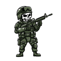 Cartoon Skull Soldier in Military Tactical Gear Holding an Assault Rifle