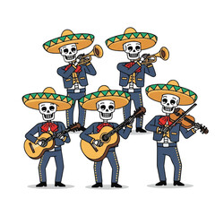 Illustration of a mariachi band consisting of skeletons wearing sombreros and playing musical instruments on a white background with a festive and lively mood.