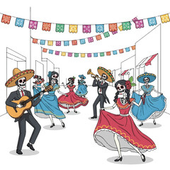 Colorful cartoon illustration of skeletons in traditional Mexican attire dancing and playing music with vibrant papel picado banners in the background.