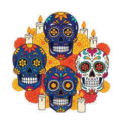 Colorful illustration of four sugar skulls with floral designs and candles on a white background, symbolizing Day of the Dead.