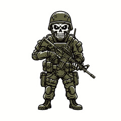 Skull soldier mascot in tactical gear holding a combat rifle vector illustration