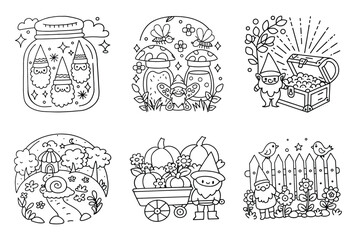 Obraz premium Whimsical Gnomes in a Jar and Forest Setting with Mushroom Houses and a Treasure Chest Delightful Fantasy Outline for Coloring