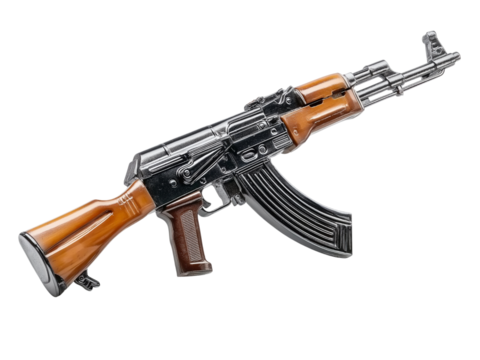 Wooden and Metal A K 47 Rifle isolated on a transparent background