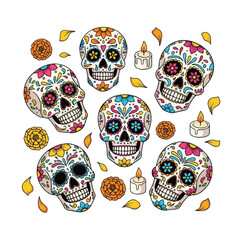 Illustration of six colorful sugar skulls with floral designs, surrounded by candles and leaves on a white background.