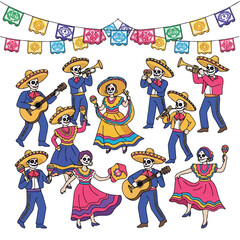 Colorful illustration of skeletons dressed in traditional Mexican attire playing musical instruments and dancing under papel picado banners on a white background with vibrant festive mood.