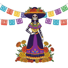 Colorful illustration of a sugar skull woman in a traditional Mexican dress and sombrero standing amidst flowers and papel picado banners on a white background.