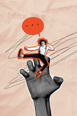 Exclusive image art pop trend collage of happy devil muertos man jump human hand bubble sticker halloween autumn holiday