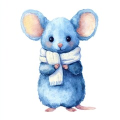 A cute blue watercolor mouse with large ears and a white scarf stands on a white background
