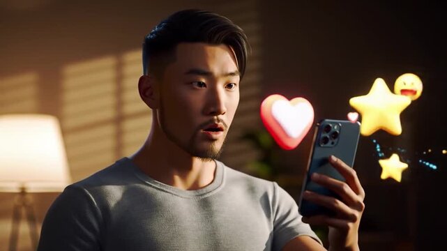 Young man interacting with smartphone, receiving likes and stars, social media engagement concept.
