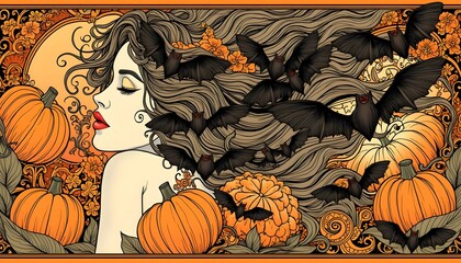 Woman with flowing hair surrounded by bats and pumpkins in an autumn setting decorated with vibrant flowers and a glowing moon Generative AI