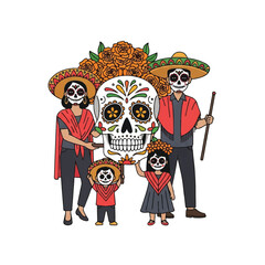 Illustration of a family with sugar skull makeup and traditional Mexican attire holding a decorated skull on a white background with vibrant floral designs.