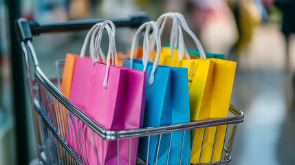 A close-up of a shopping cart with bags against a blurred background. Global Shopping Day.
