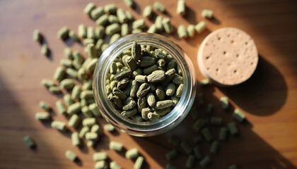Green coffee beans spilling from a glass jar on a wooden table  