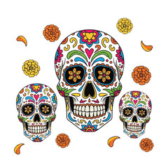 Colorful illustration of three sugar skulls with floral patterns and orange marigolds on a white background, symbolizing Dia de los Muertos.