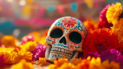 
Close-up of sugar skull on altar, colorful Mexican decorations.Day of the Dead.