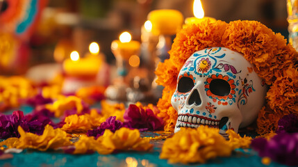 A close-up of a sugar skull on an altar with space for text. Day of the Dead.