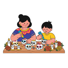 Illustration of a woman and a child decorating sugar skulls with colorful markers on a wooden table with flowers and candles in a festive atmosphere.