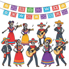 Colorful illustration of skeletons in traditional Mexican attire playing musical instruments under a festive banner on a white background with vibrant tones.