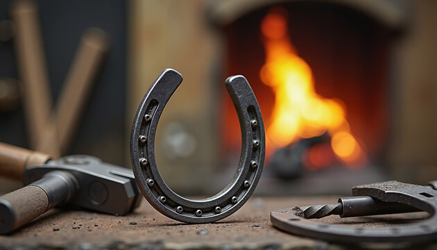 Horseshoe on workbench beside tools with forge in background  