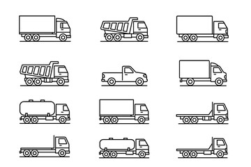 Truck line icon set. Commercial vehicles collection. Lorry, pickup, dumper, tanker, flatbed truck. Logistics, delivery, cargo transport symbols. Heavy vehicle vector.