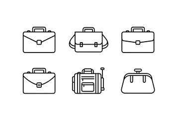 Set of six business and travel bag line icons, briefcase, messenger bag, rolling luggage, and classic handbag vector illustrations for office, travel, and fashion design