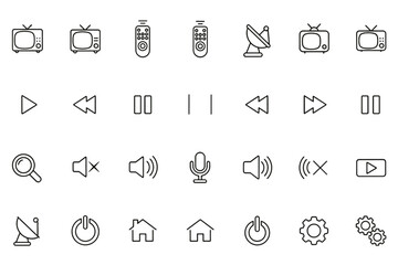 Media player line icon set. Television, remote control, and user interface thin line icons. Multimedia pictograms. TV, play, pause, volume, power, and settings symbols.
