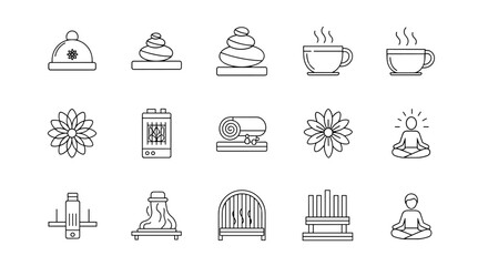 Hygge lifestyle and winter comfort thin line icons set. Spa relaxation, meditation, cozy home elements. Fireplace, hot tea, sauna, warm clothes vector outline pictograms.