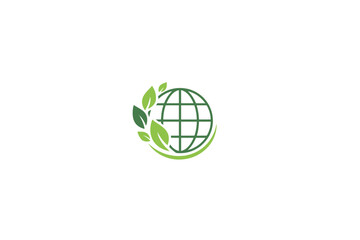 Green globe with leaves logo. Eco-friendly world icon. Ecology and environment conservation concept. Sustainable living symbol. Planet earth care and nature protection. Organic bio growth.