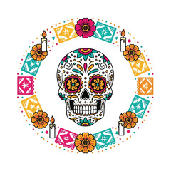 Vibrant Day of the Dead sugar skull surrounded by colorful flowers, candles, and papel picado on white background with festive Latin American design elements.