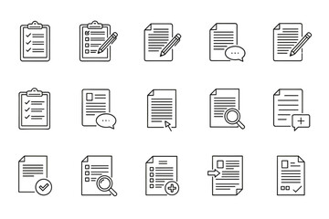 Document management outline icon set. Linear icons for editing files, contract review, checklist, survey form, report approval, and task list. Vector business pictograms.