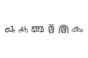 Public transport line icon set. Urban transportation vector symbols. City mobility concept includes bus, subway, metro, tram, taxi, bicycle, and scooter. Simple pictogram collection.