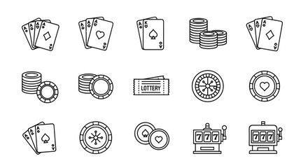 Gambling and casino vector icon set. Outline symbols of poker cards, gaming chips, roulette wheel, slot machine, lottery ticket. Concepts of betting, risk, luck, and jackpot.