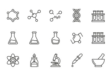 Science and chemistry line icon set. Biology, physics. Lab research, experiment symbols. Molecule, DNA, atom, microscope, test tube, flask. Vector graphic elements for education.